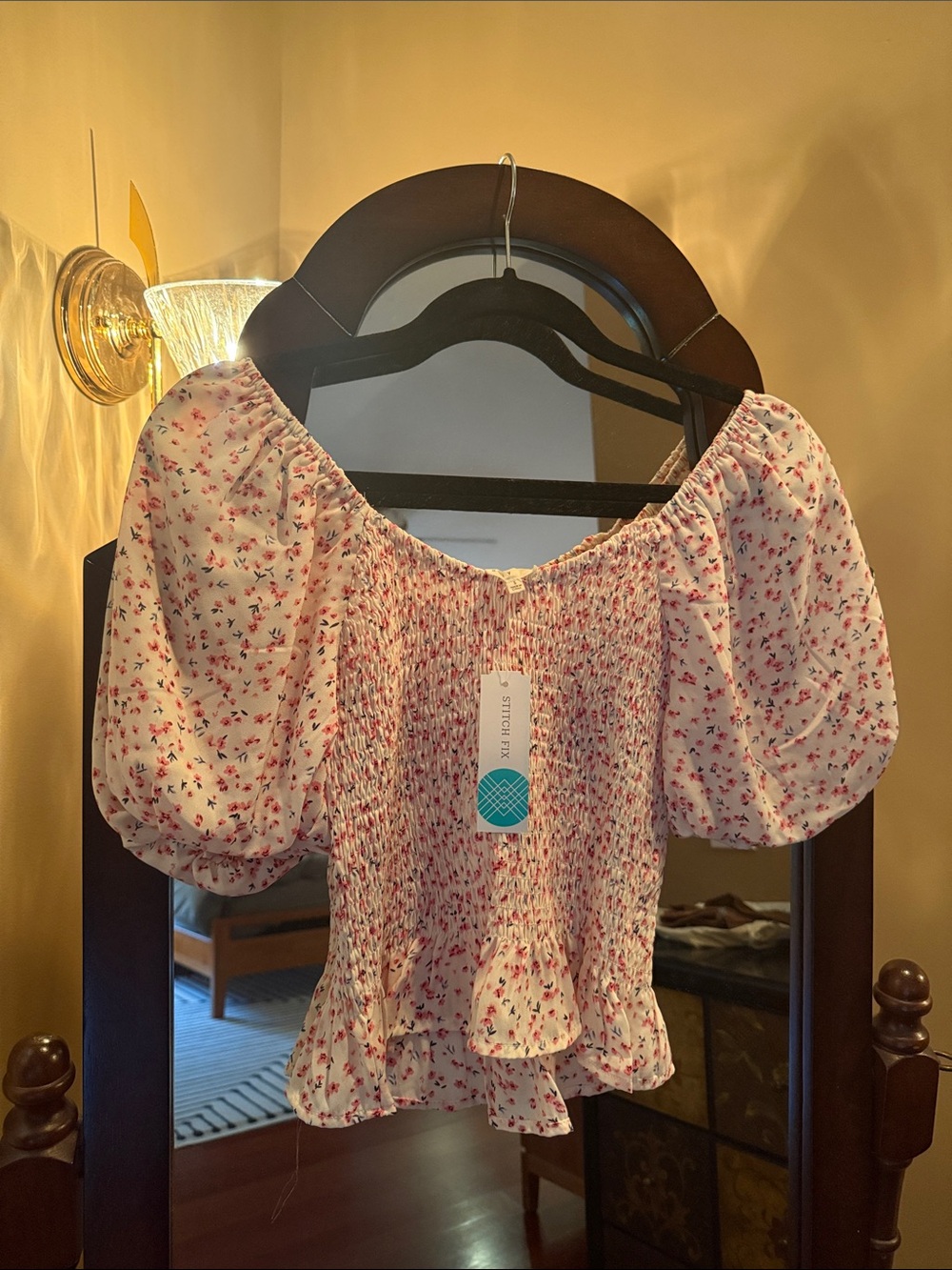 Smocked Puff Sleeve Floral Blouse - White with Pink Floral